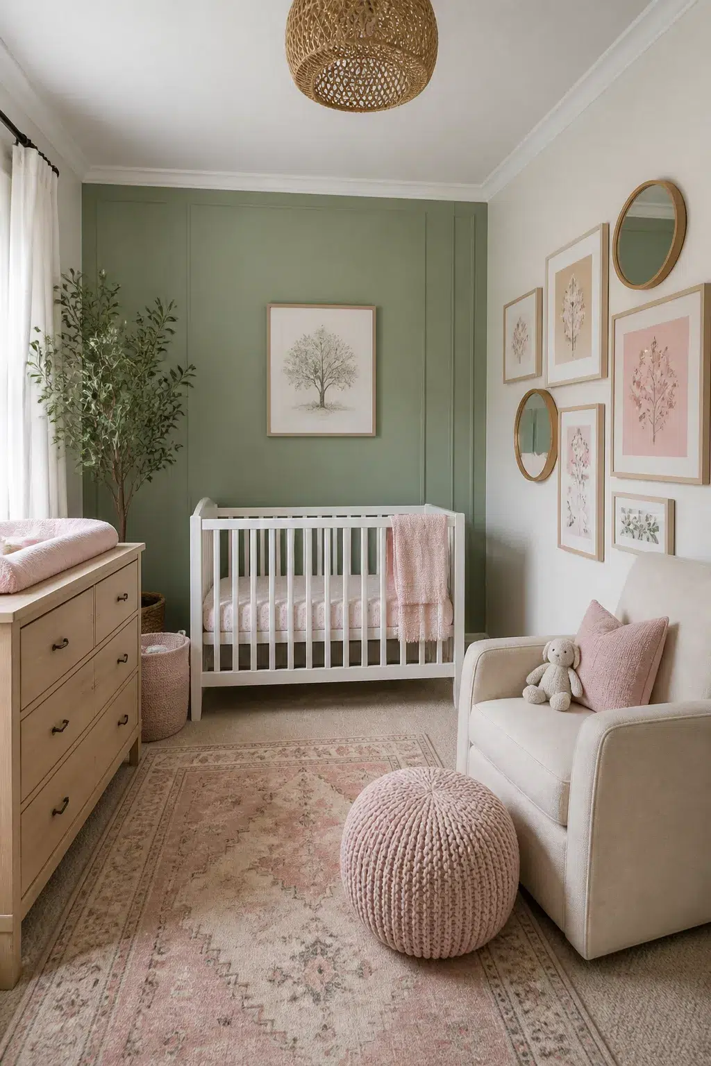 Sage and blush nursery designs with green accent wall, gallery wall of botanical prints, white crib, and knit pouf