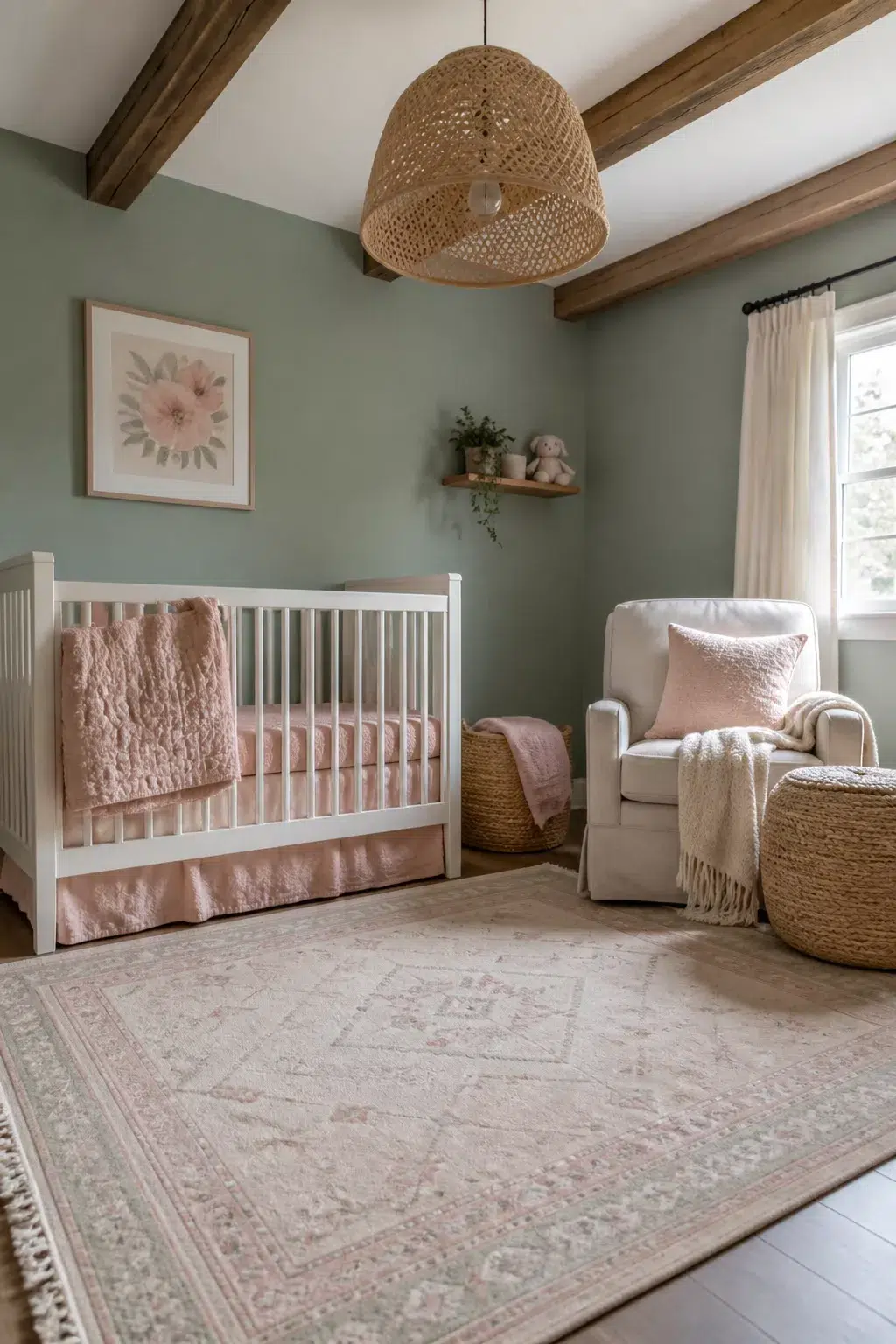Sage and blush nursery designs with exposed wood ceiling beams, white crib, rattan pendant, and pink layered textiles.