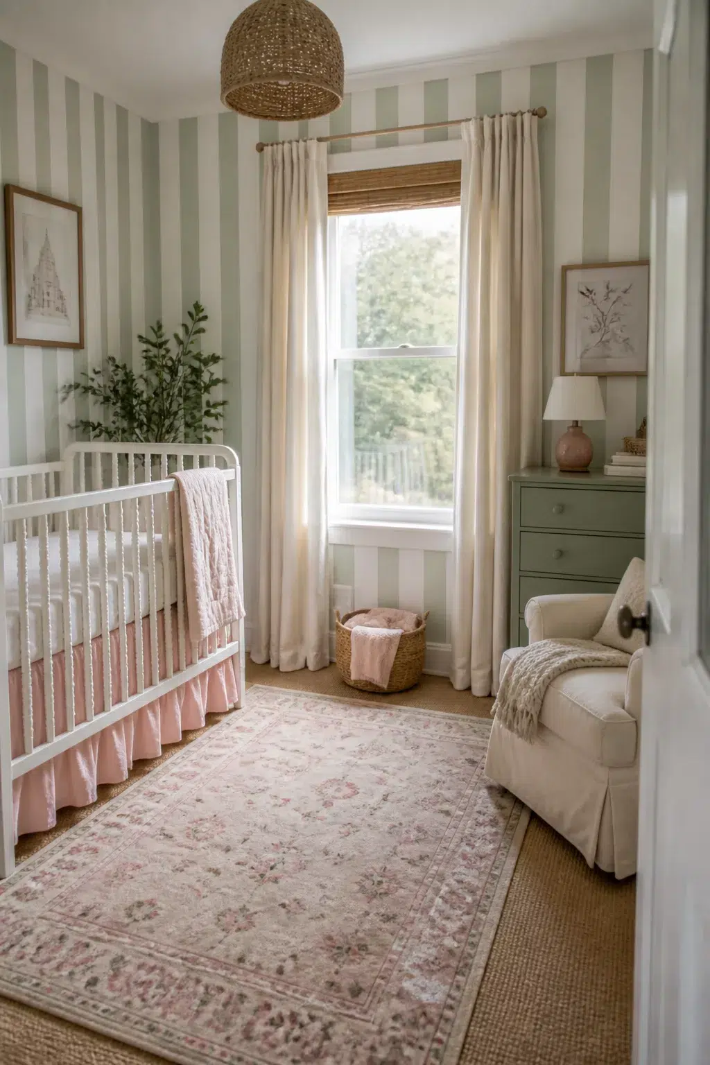 Sage and blush nursery design with sage stripe wallpaper, white crib, blush crib skirt, and woven pendant light.