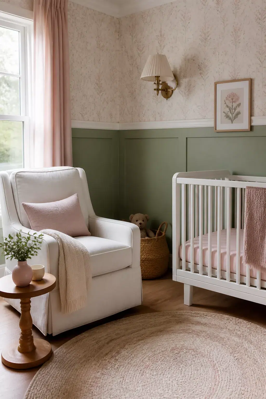 Sage and blush nursery designs featuring sage green wainscoting, blush botanical wallpaper, white crib, and cream glider.