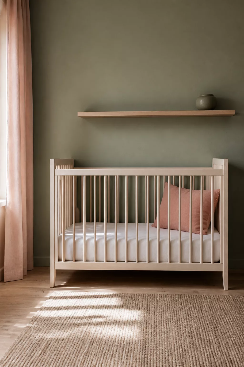 Minimalist sage and blush nursery designs with floating wood shelf, light wood crib, and blush pink curtains.