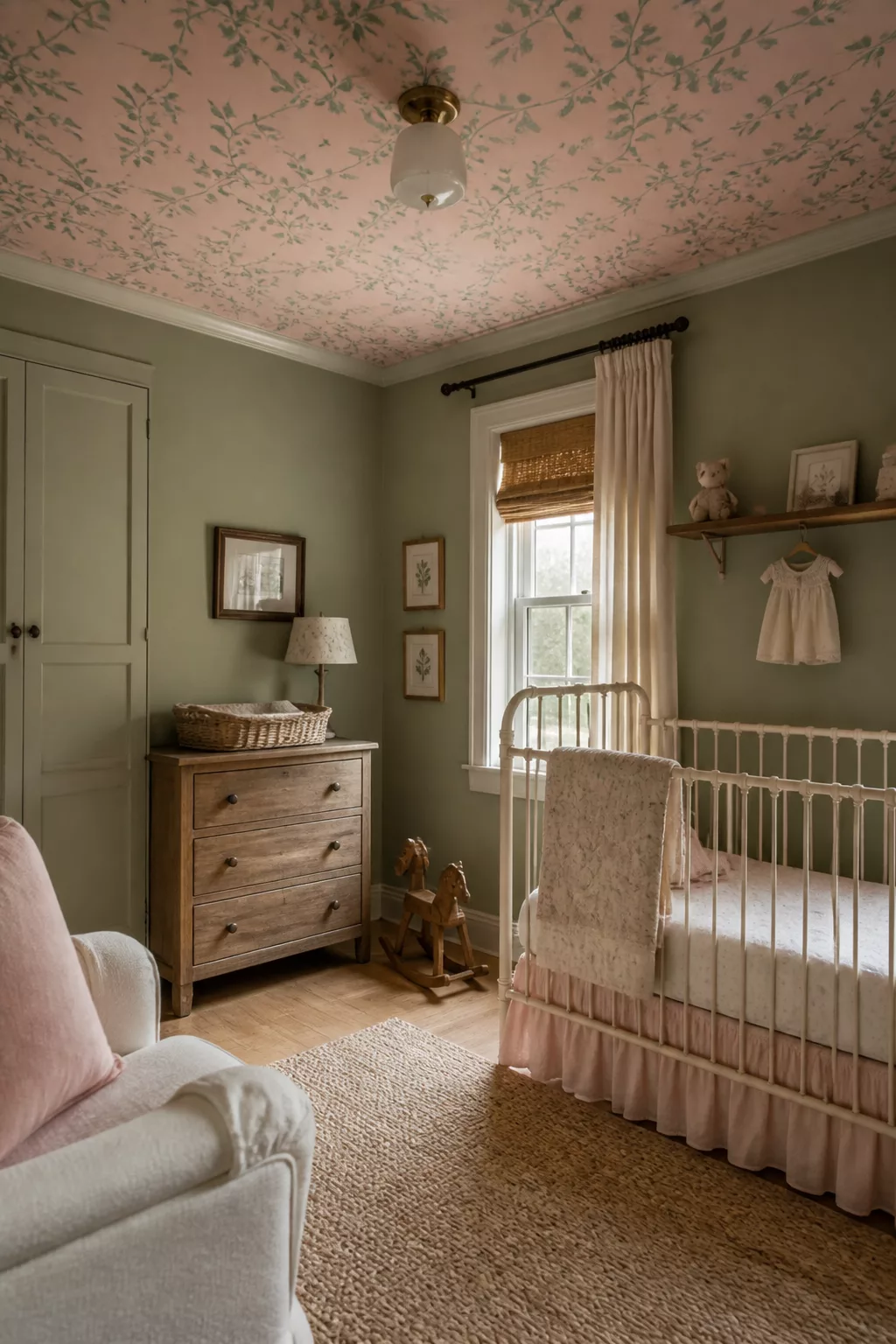 Sage and blush nursery design with floral wallpapered ceiling, white iron crib, and natural wood dresser.
