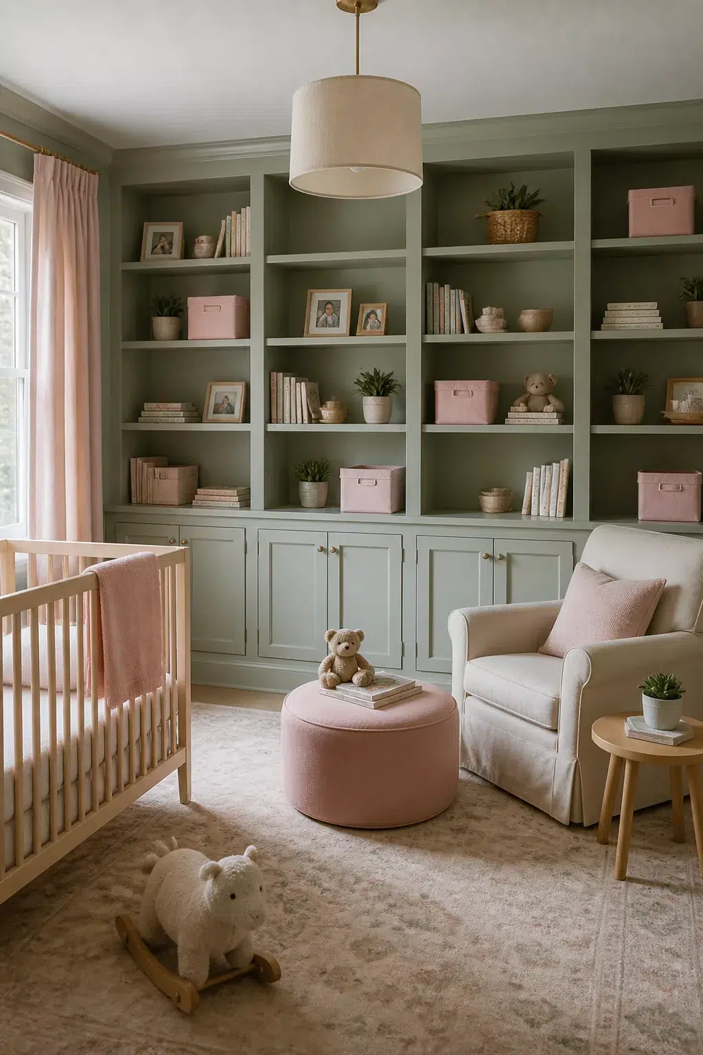 Sage and blush nursery designs featuring sage green built-in shelving with blush pink storage bins and a glider.