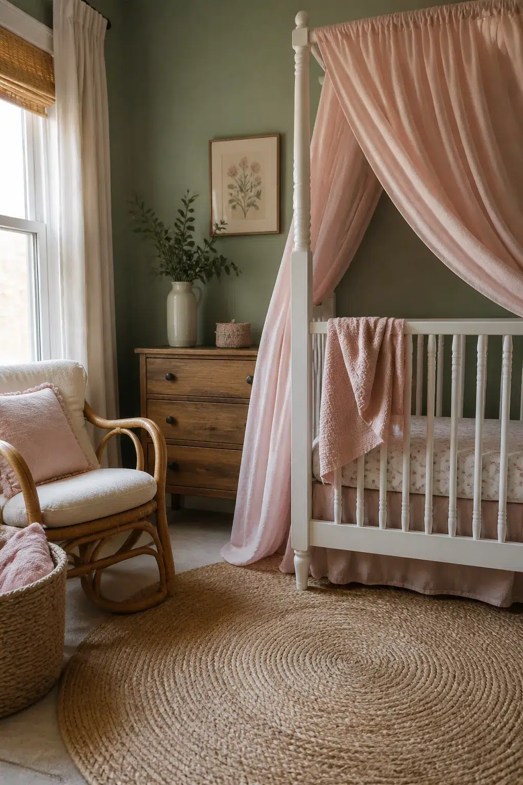 Sage and blush nursery designs with a white four-poster canopy crib, rattan rocker, and jute rug.