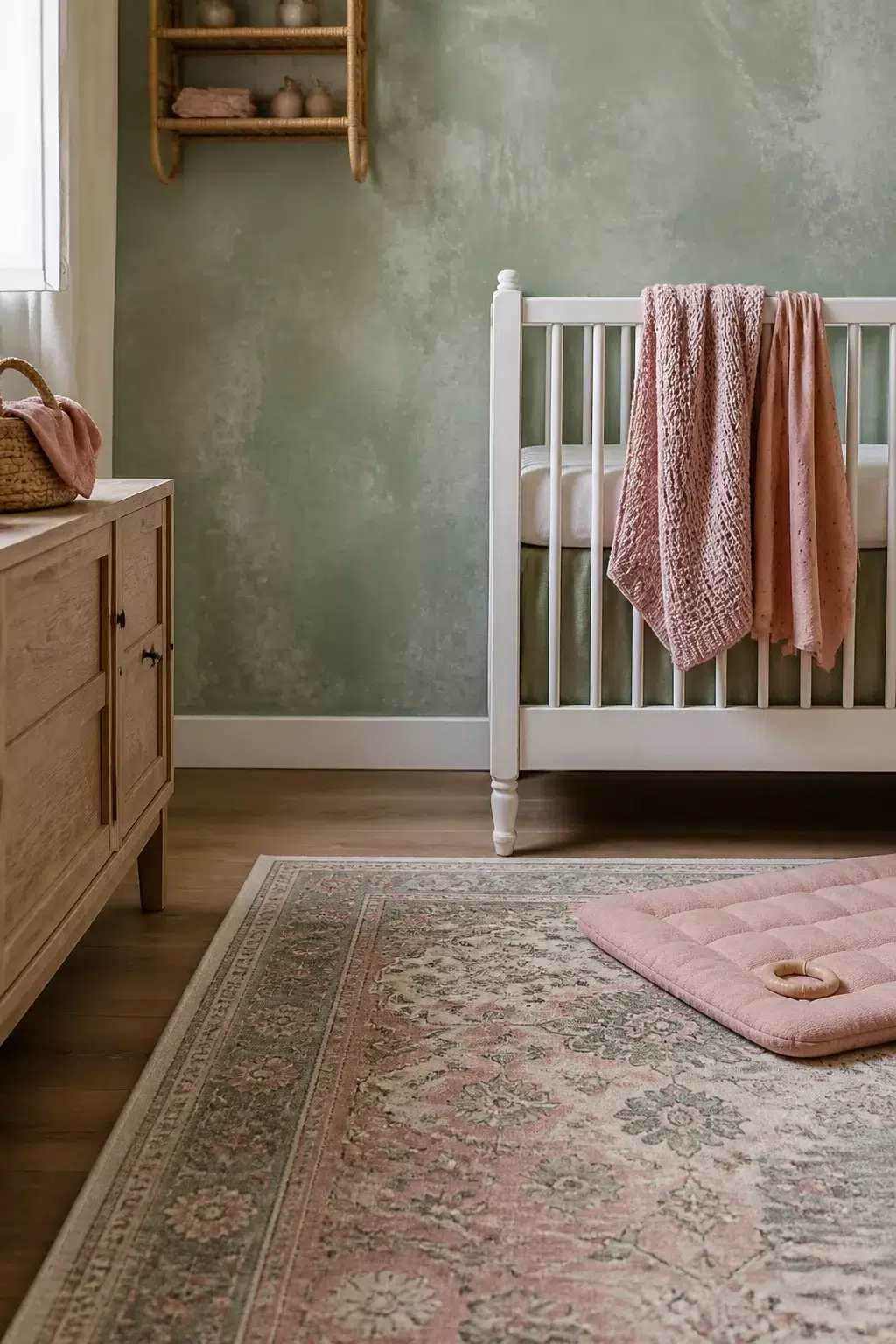 Sage and blush nursery with limewash painted wall, white crib, and pink knit blankets — sage and blush nursery design