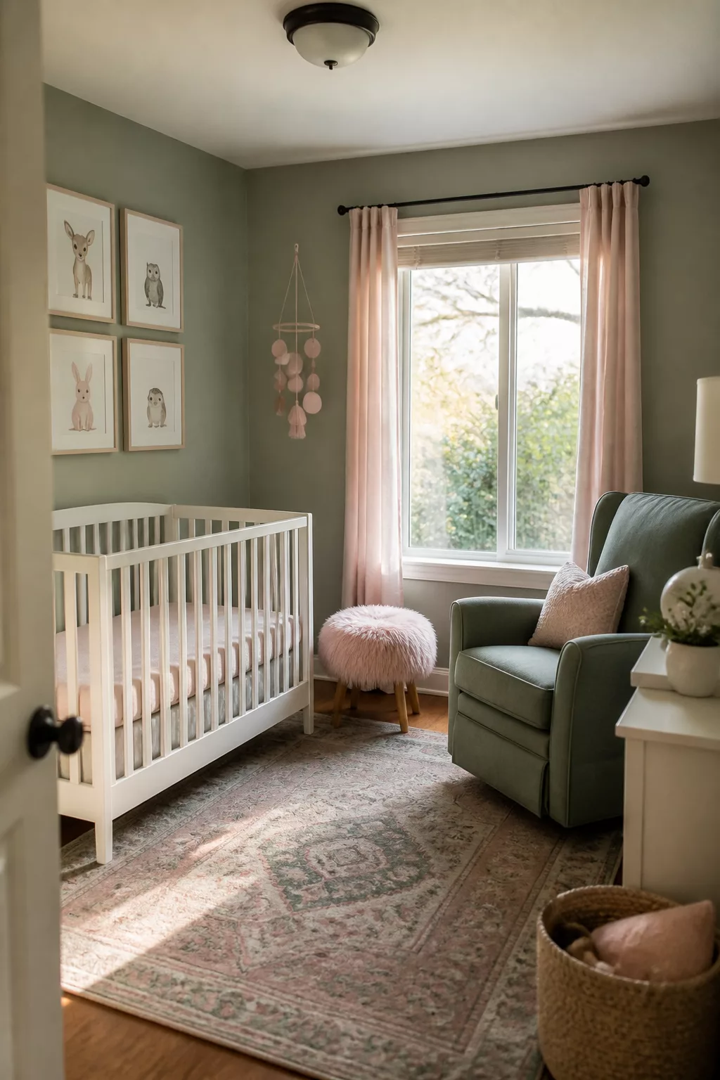 Sage and blush nursery design with woodland animal print gallery wall, white crib, sage glider, and pink curtains.