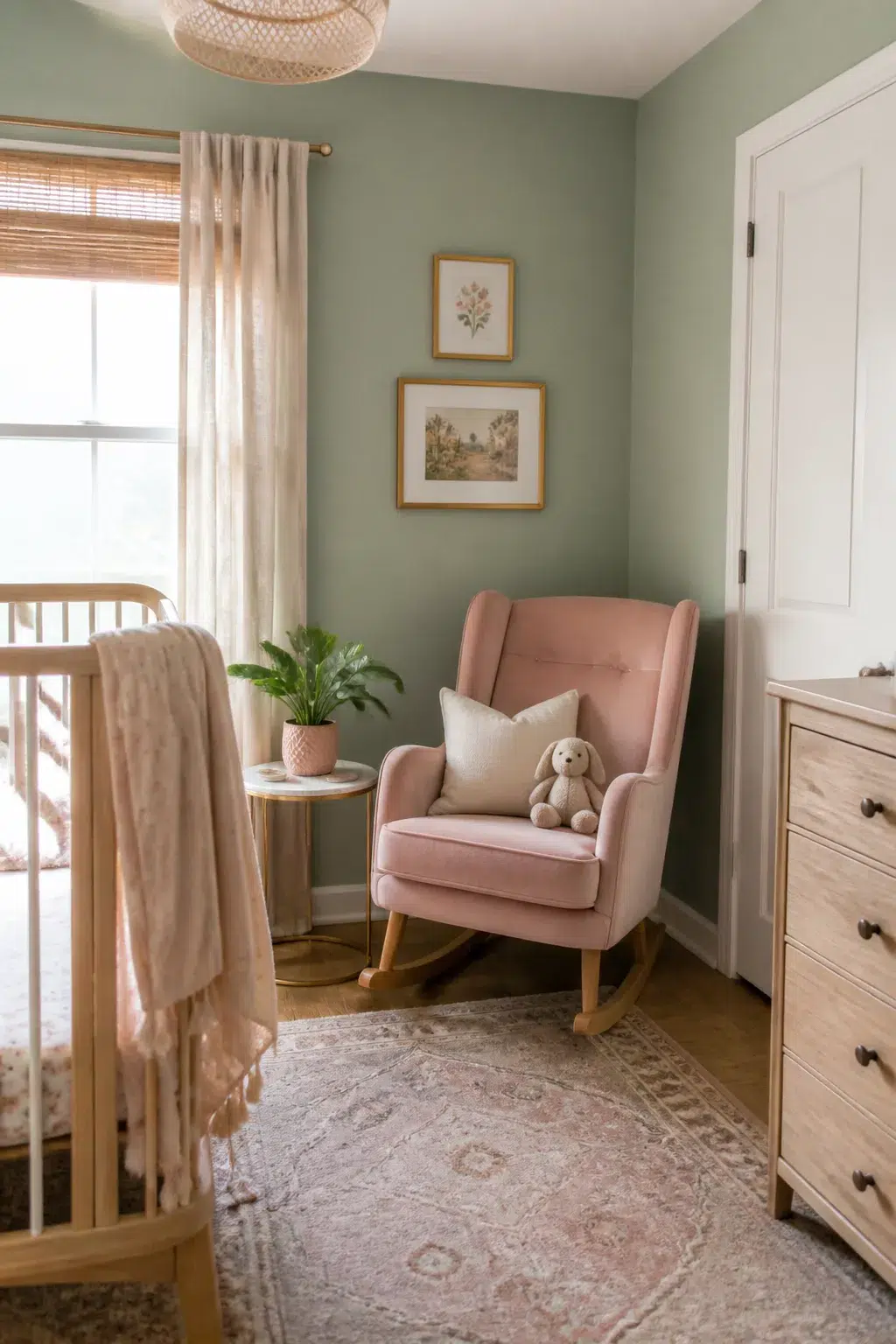 Sage and blush nursery with sage green painted walls, dusty pink velvet rocking chair, and natural wood furniture.