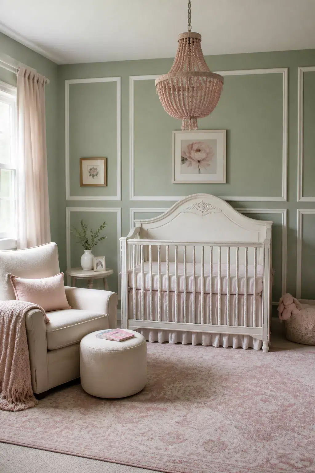 Sage and blush nursery with white panel molding walls, blush bead chandelier, and ornate white crib