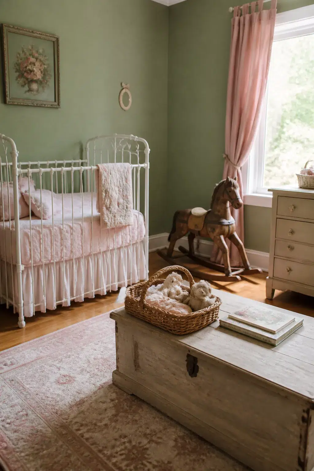 Sage and blush nursery design with white iron crib, antique wooden chest, rocking horse, and pink curtains.