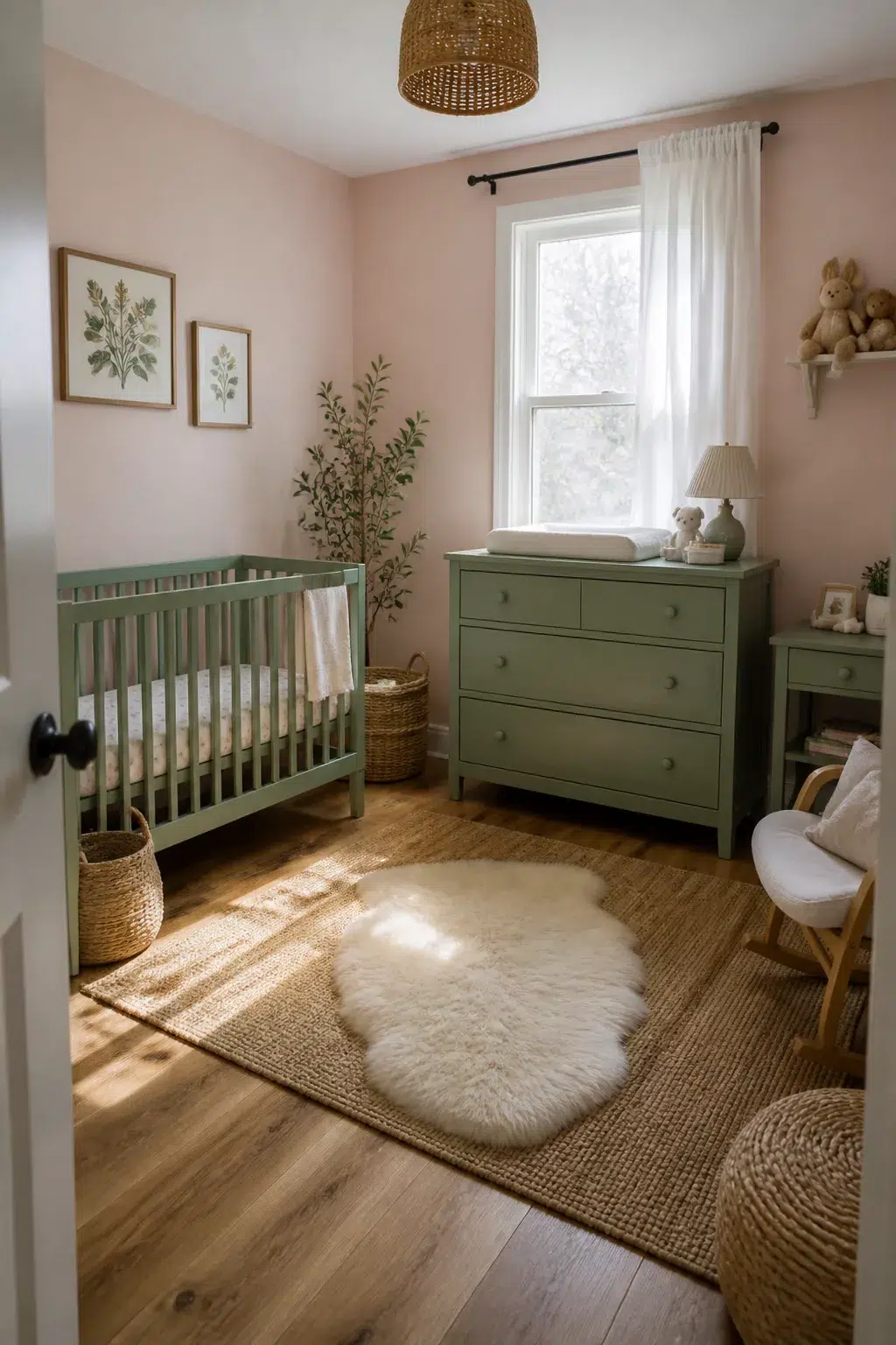 Sage and blush nursery designs with sage painted crib and dresser, blush pink walls, jute rug, and natural light.