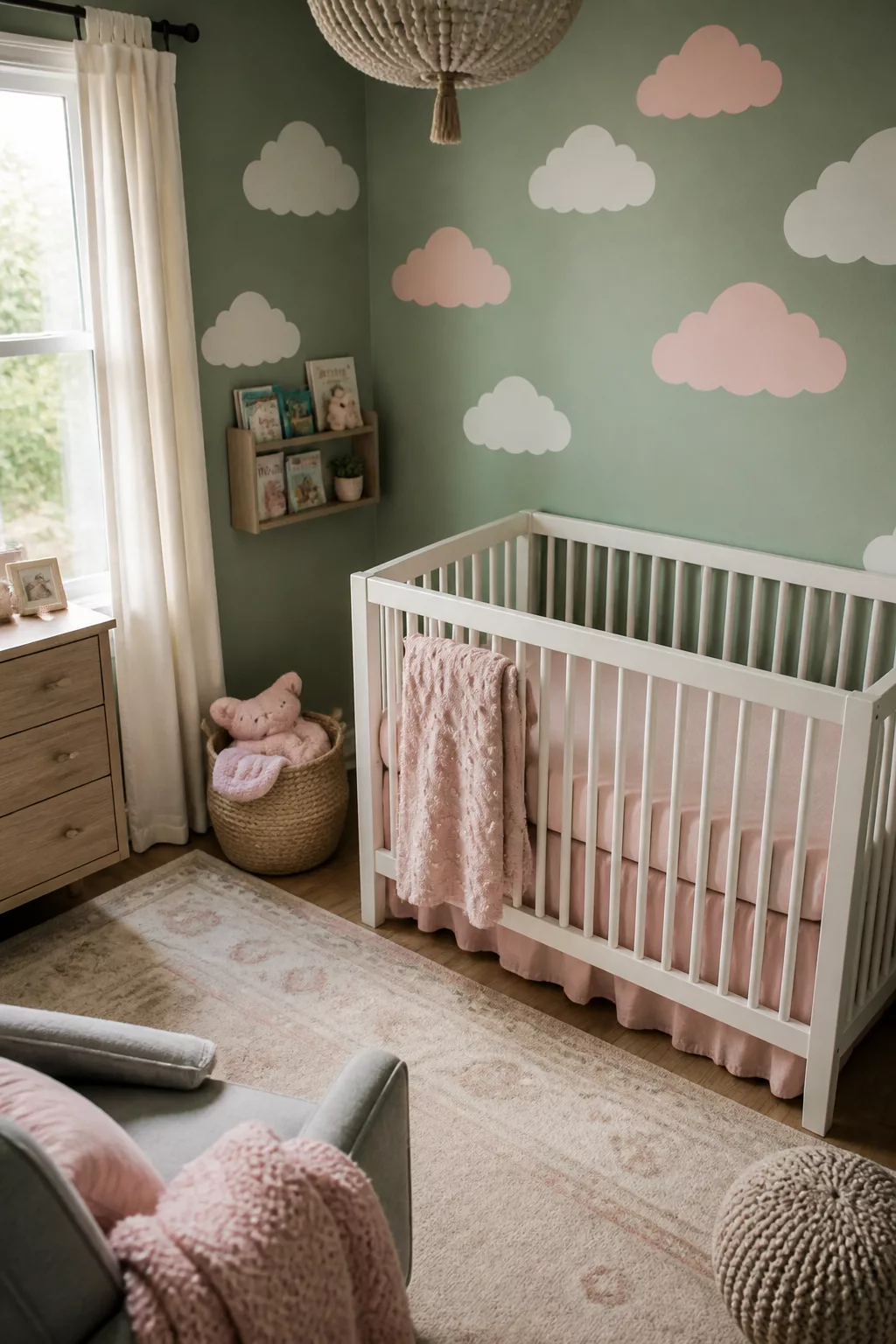 Sage and blush nursery designs with white cloud wall decals, white crib, and pink accents on sage green walls.