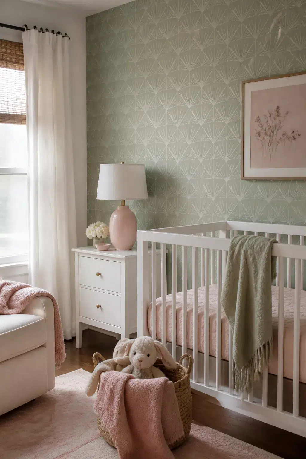 Sage and blush nursery with fan-print peel-and-stick wallpaper, white crib, and pink table lamp on nightstand.