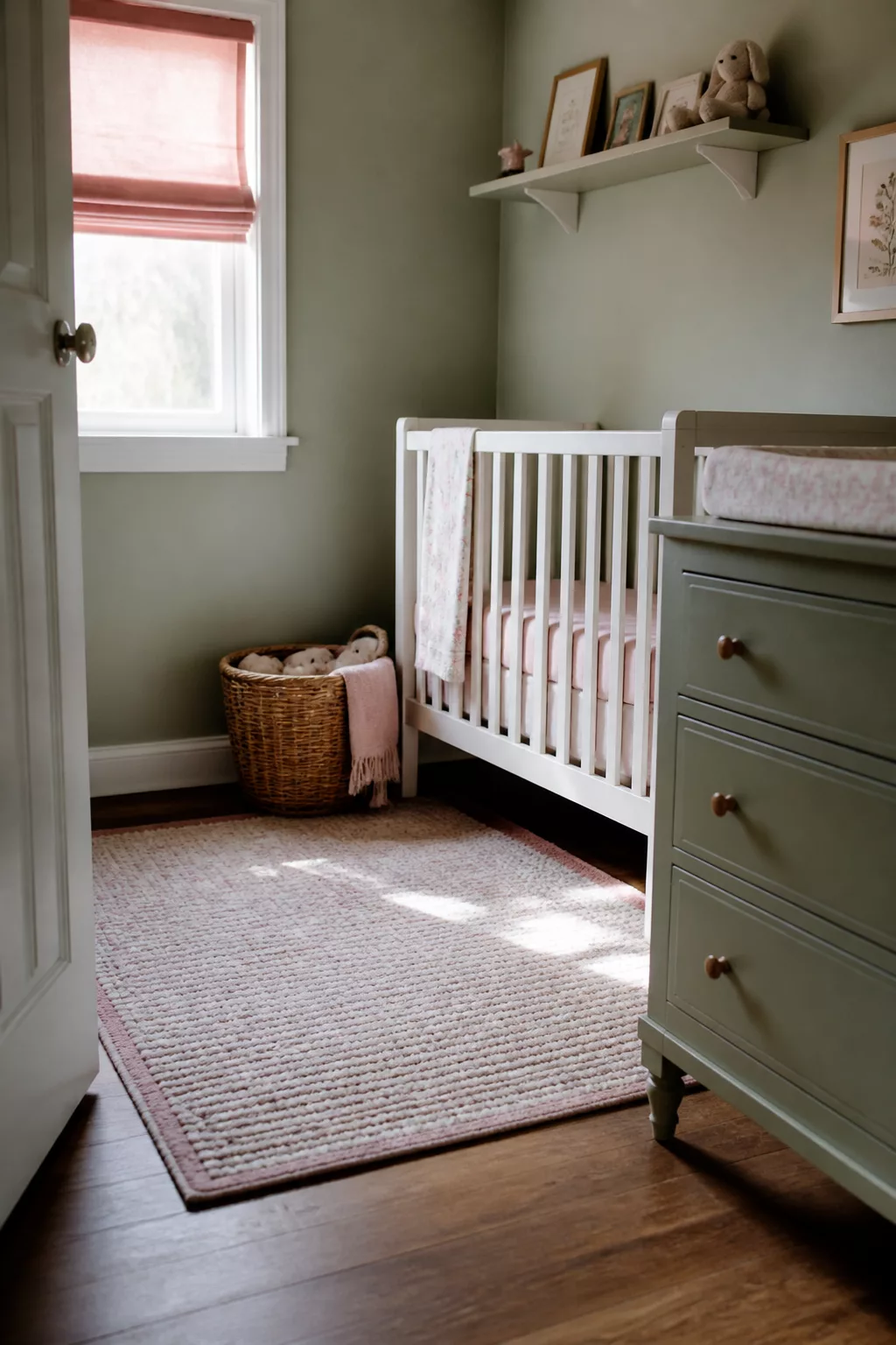 Small sage and blush nursery designs with Roman shade, white crib, sage dresser, and textured pink rug