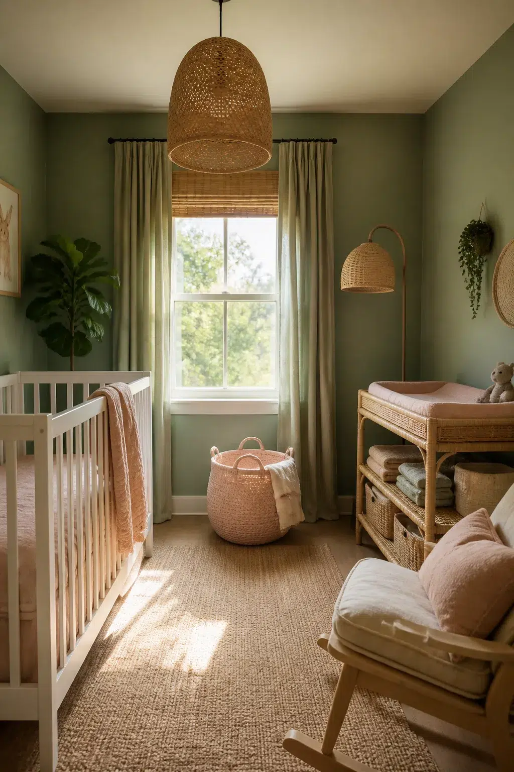 Sage and blush nursery design with rattan changing table, woven pendant light, and jute rug in a green-walled baby room.