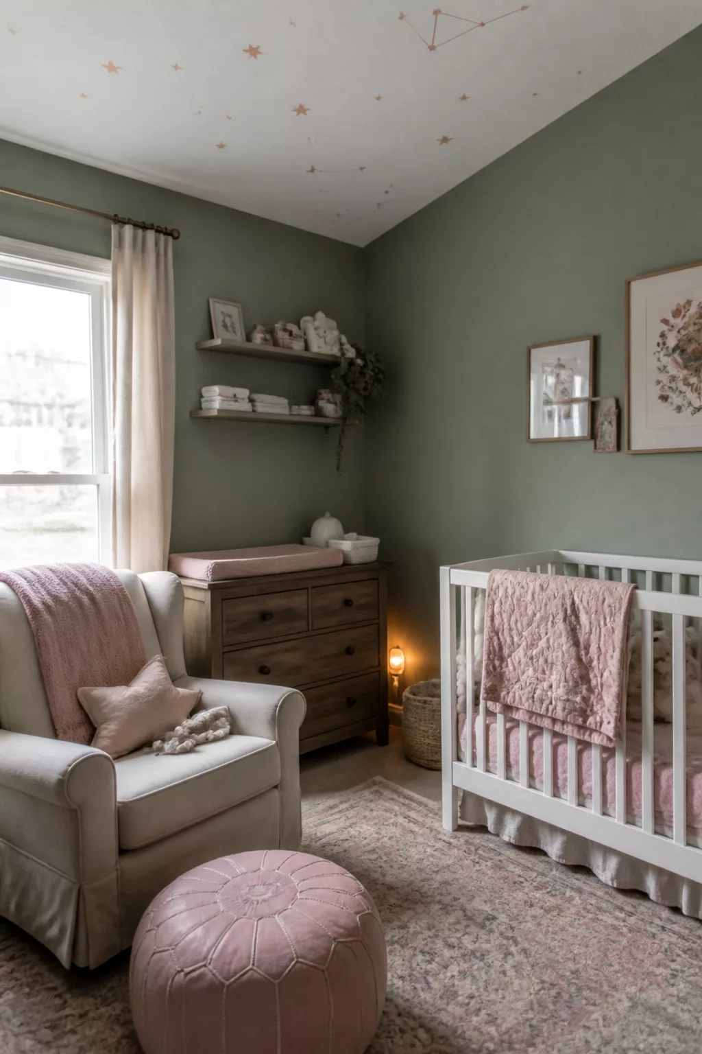 Sage and blush nursery design with star ceiling decals, white crib, glider, and blush leather pouf.