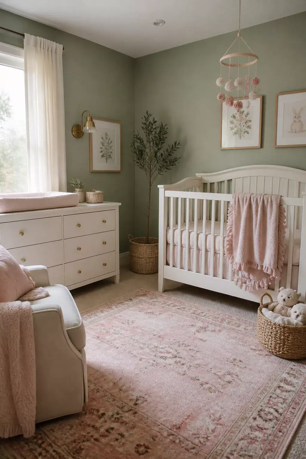 Sage and blush nursery design with gold sconce, white crib, pink fringed blanket, and vintage blush rug.