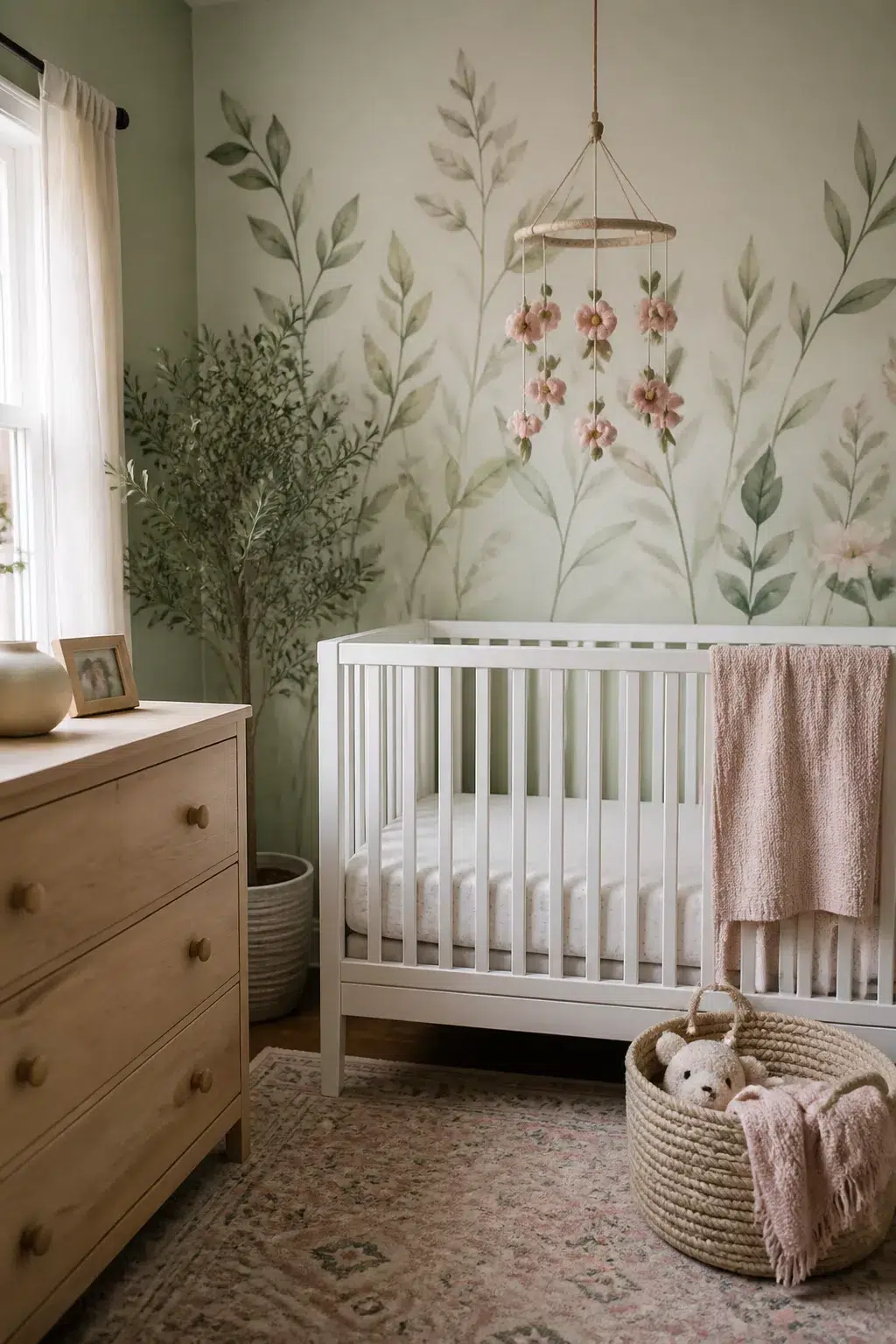 Sage and blush nursery designs with a watercolor botanical mural, white crib, and blush floral mobile.