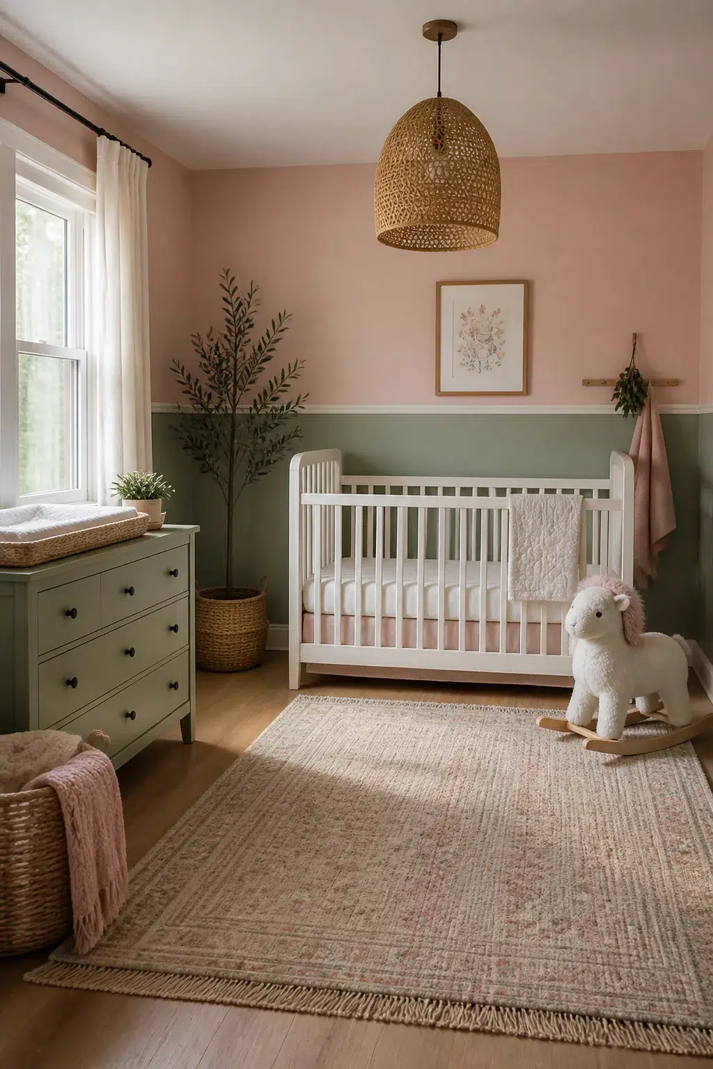 Sage and blush nursery design with two-tone walls, white crib, woven pendant light, and wood floors.