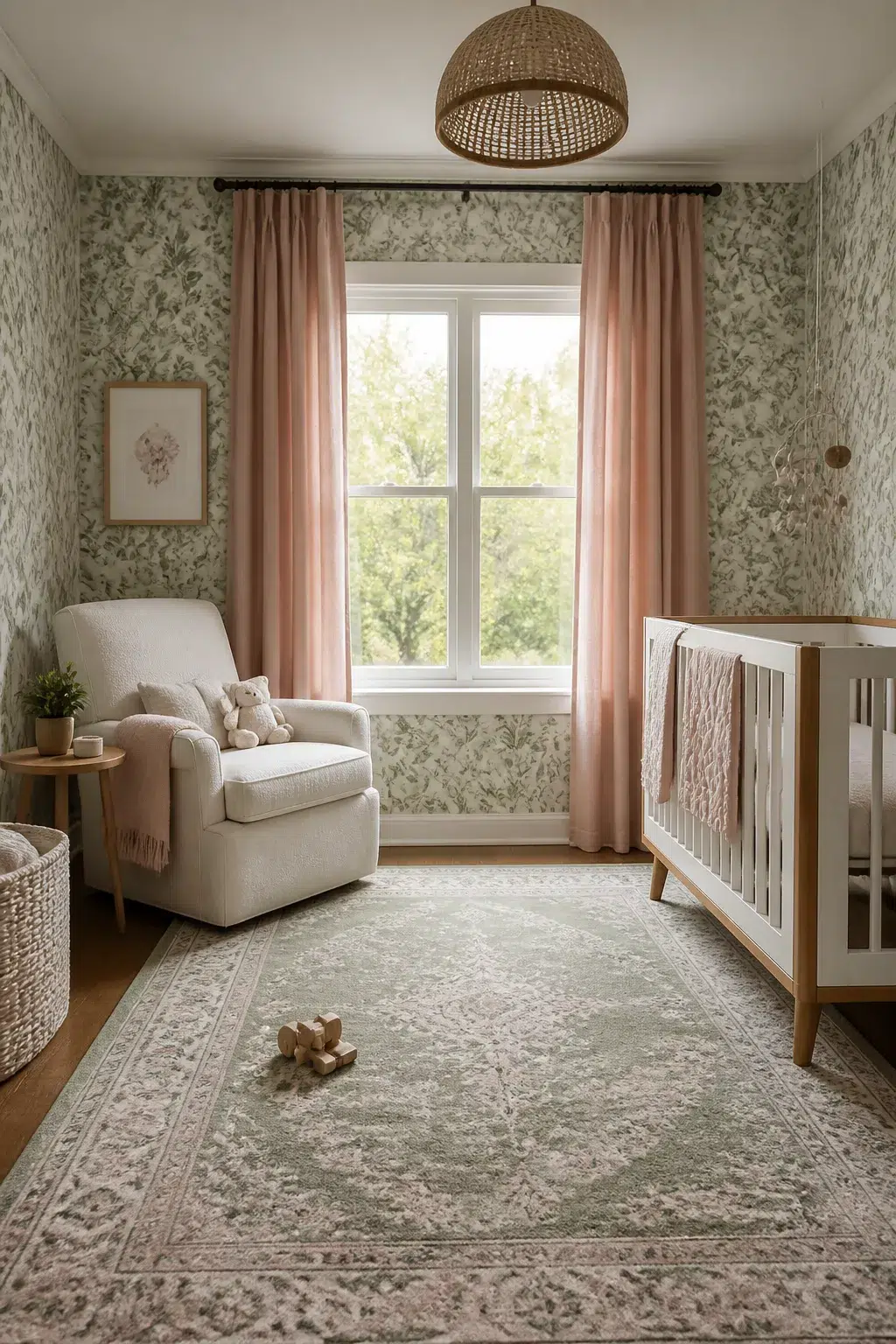 Sage and blush nursery design with floral wallpaper, blush linen curtains, cream glider, and white wood crib.