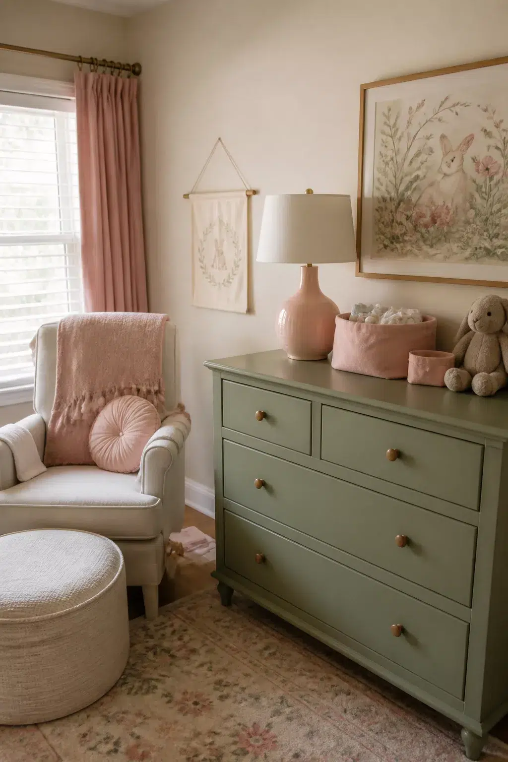 Sage and blush nursery design featuring a painted sage green dresser, blush pink lamp, and glider with pink accents.