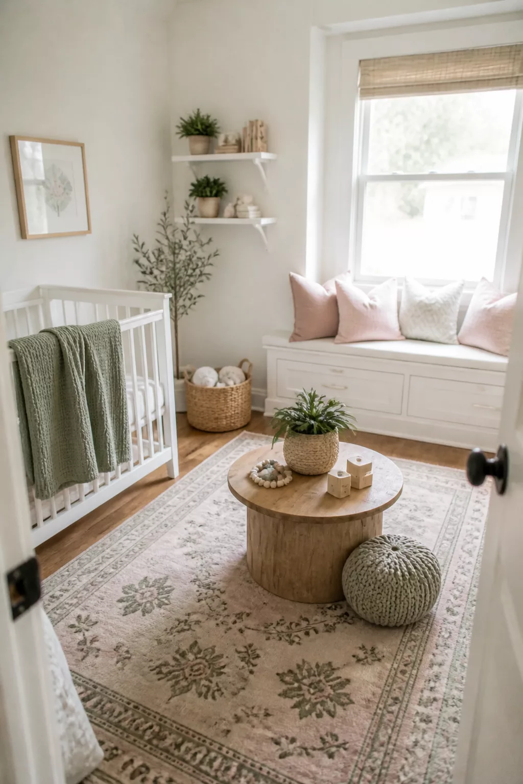 All-white sage and blush nursery designs with knit throw, floral rug, and built-in window bench with pink pillows.