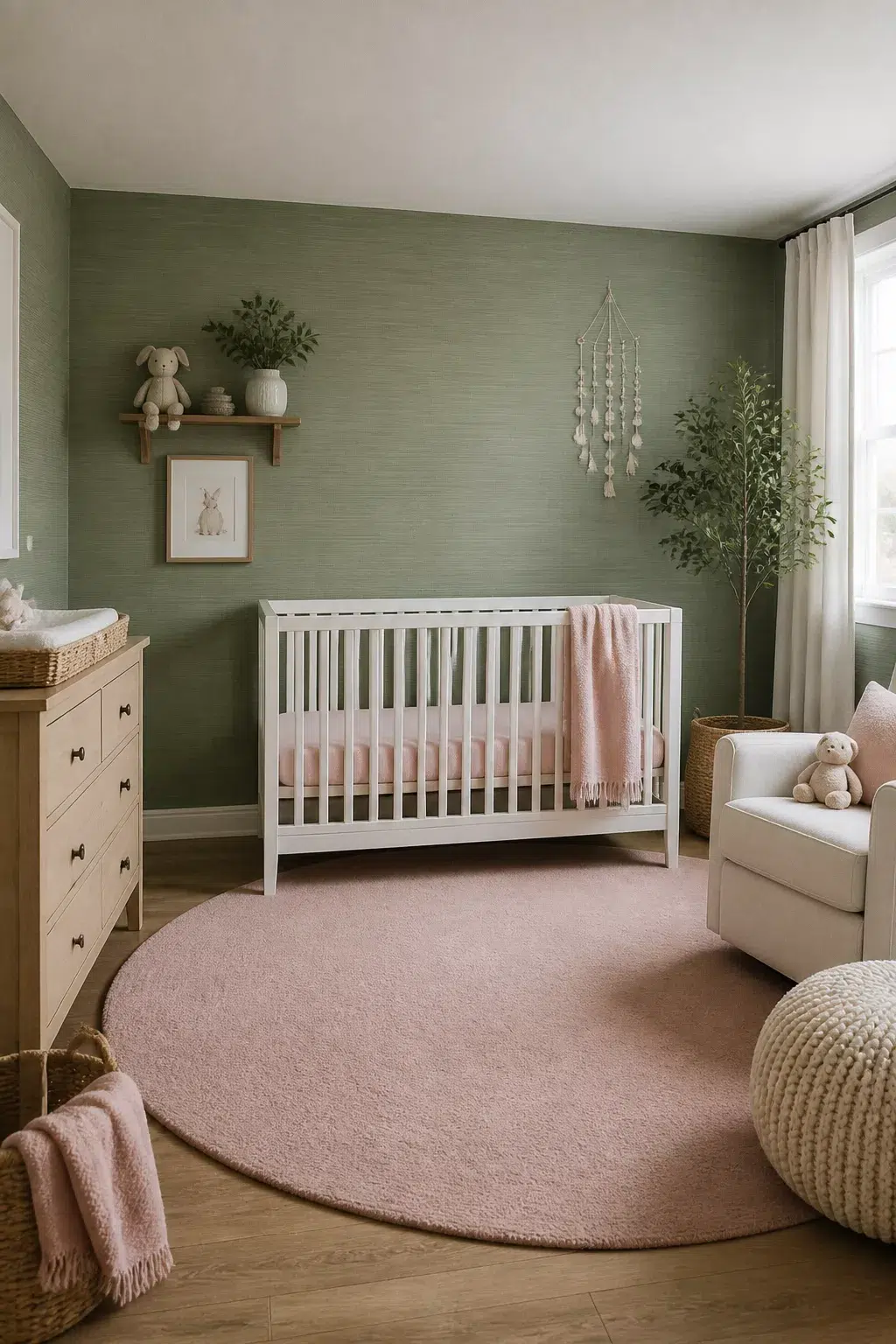 Sage and blush nursery design featuring sage grasscloth wallpaper, white crib, and large round blush pink rug.