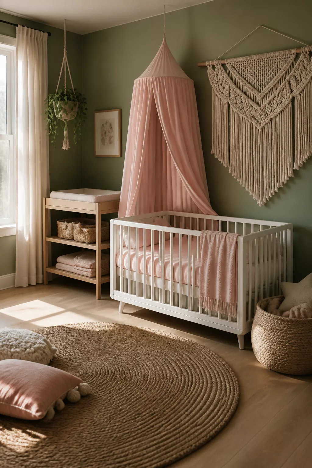 Sage and blush nursery designs with macramé wall hanging, jute rug, blush canopy, and sage green walls.