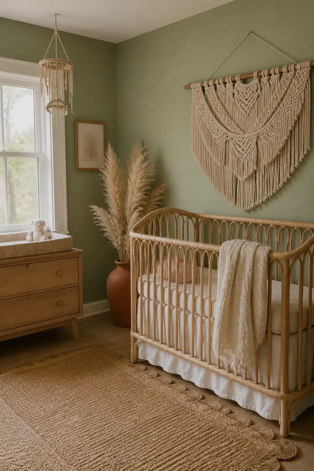 Sage green baby girl nursery ideas with rattan crib, macramé wall art, pampas grass, and jute rug in boho style