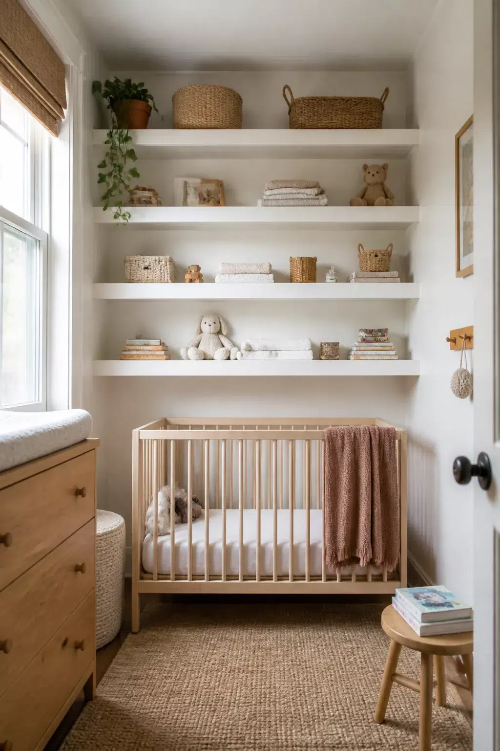 Small nursery ideas with floor-to-ceiling white floating shelves, woven baskets, and a light wood crib.