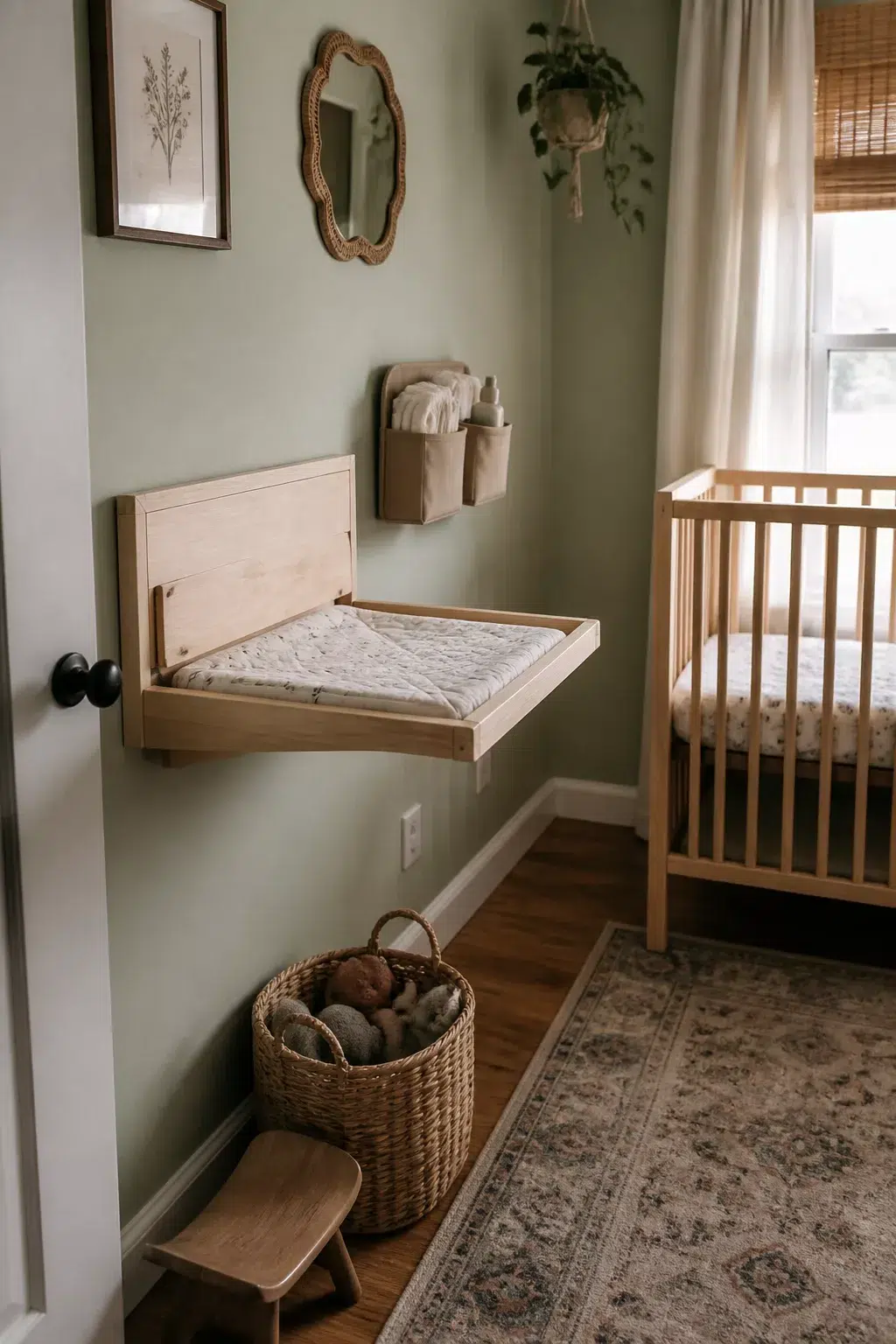 Wall-mounted fold-down changing table in a small nursery with sage green walls and natural wood crib — Small Nursery Ideas