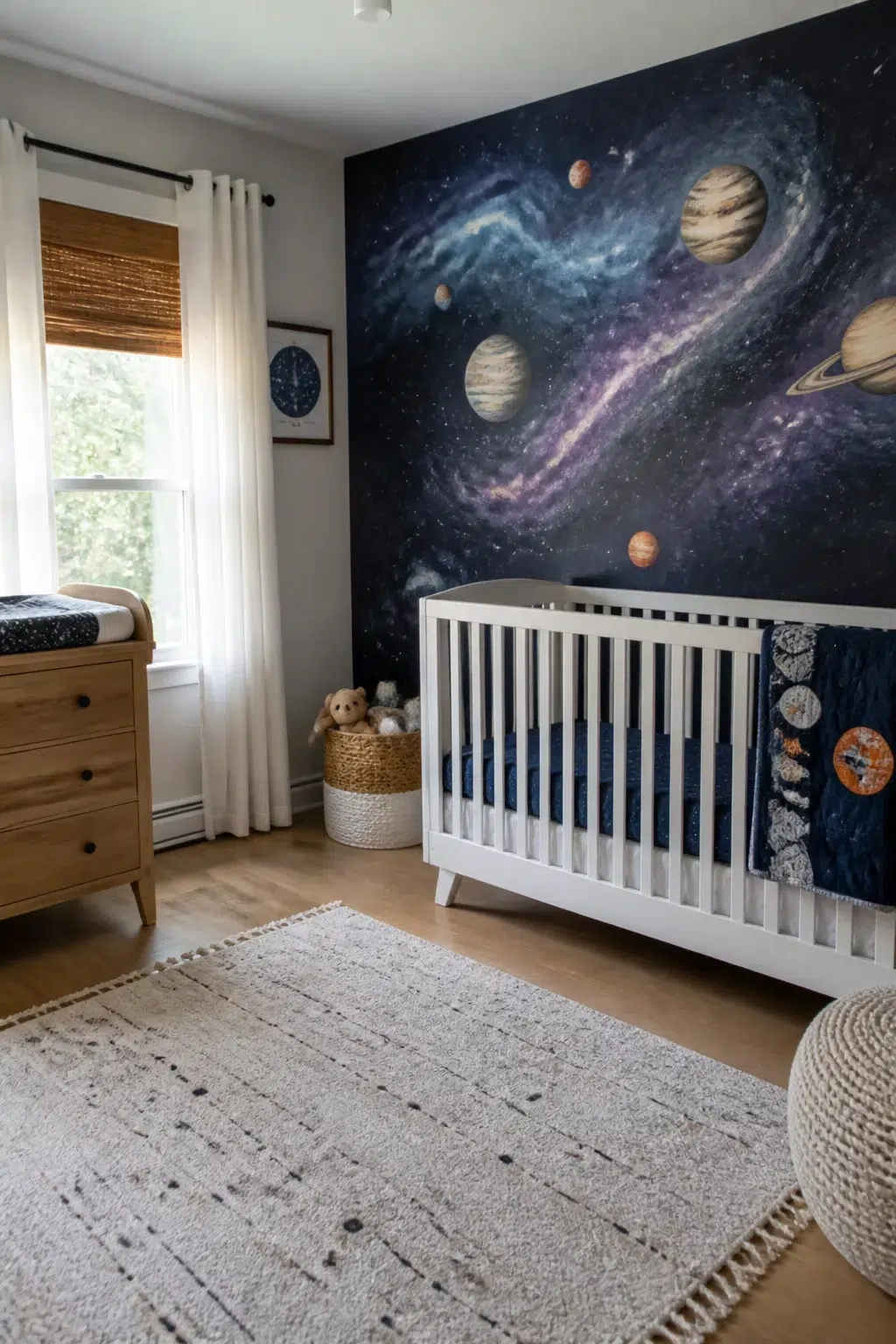 Space themed nursery ideas with a deep navy galaxy planet mural, white crib, and warm wood accents.