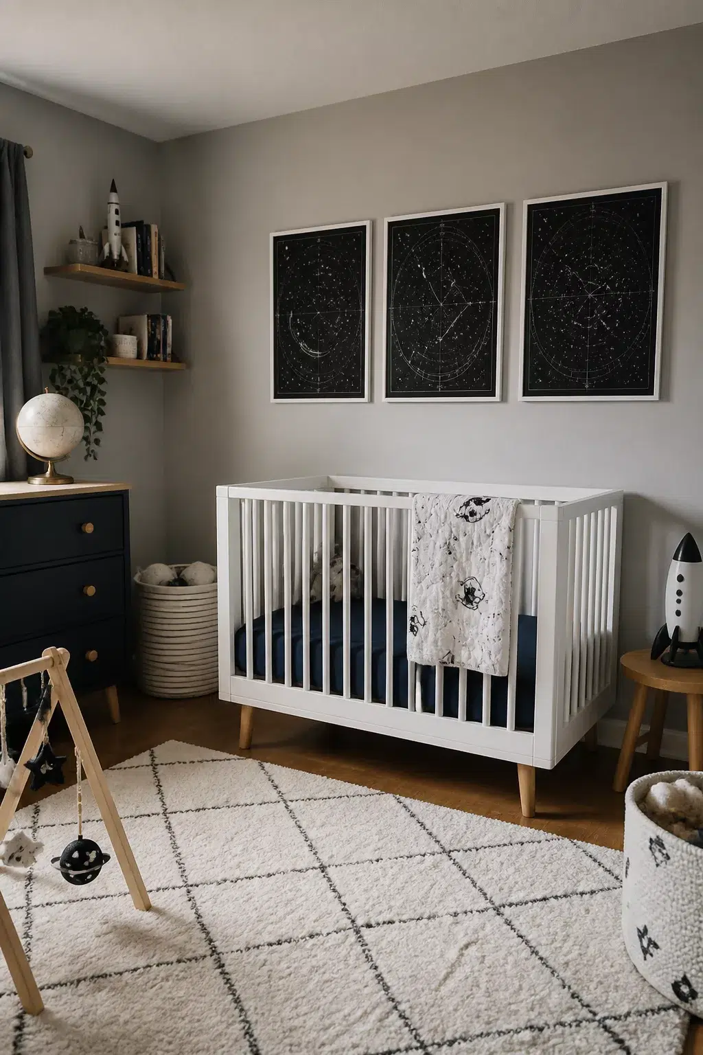 Star map triptych above white crib in a gray space themed nursery — Space Themed Nursery Ideas