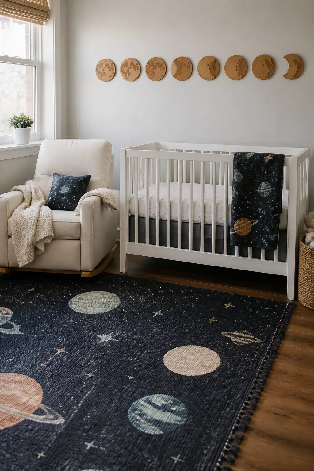 Space themed nursery ideas with wood moon phase wall art, navy planet rug, and white crib.