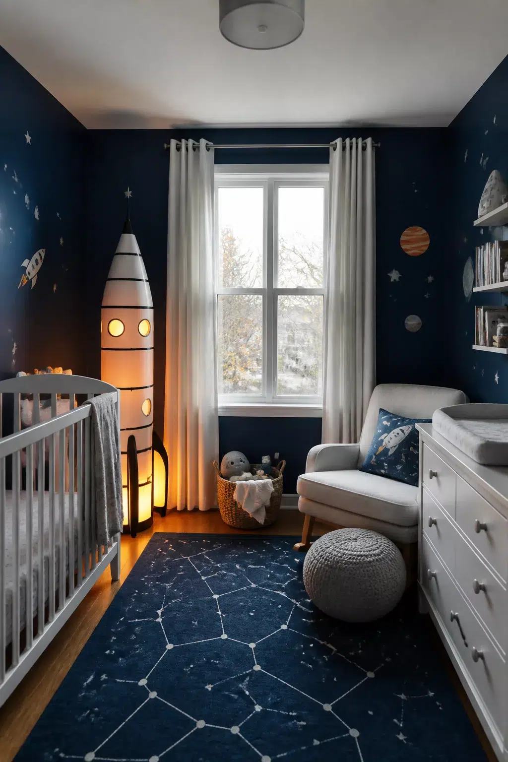 Space themed nursery ideas with rocket floor lamp, constellation rug, and navy walls with planet decals
