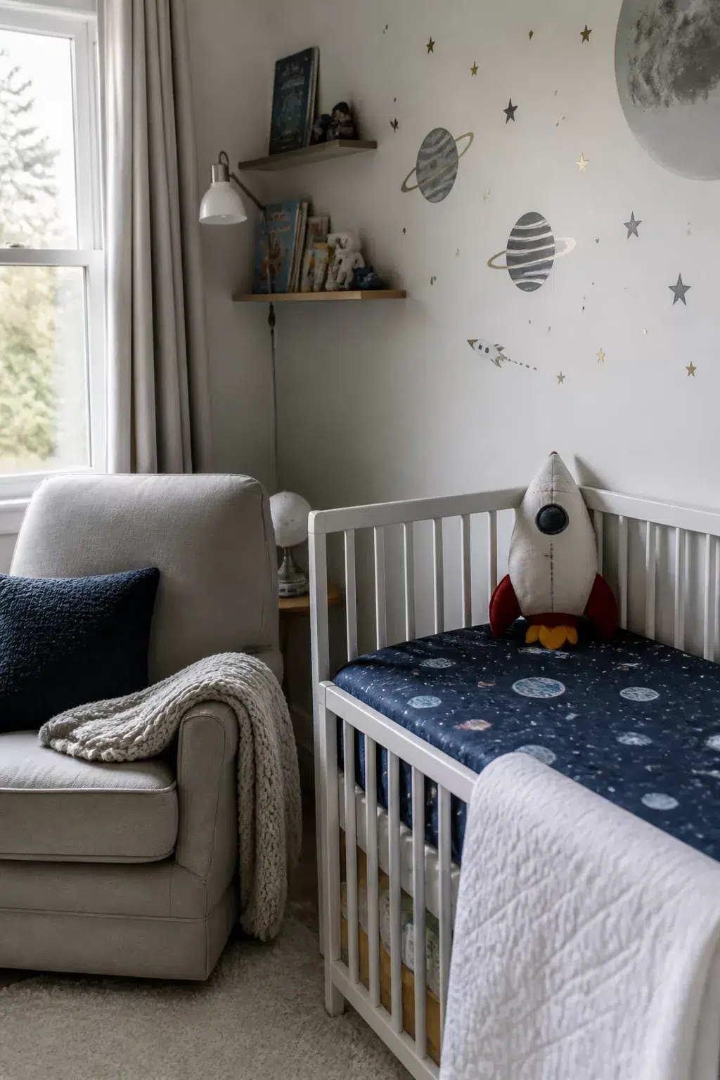 Space themed nursery ideas with navy galaxy crib sheet, planet wall decals, and moon balloon accent.