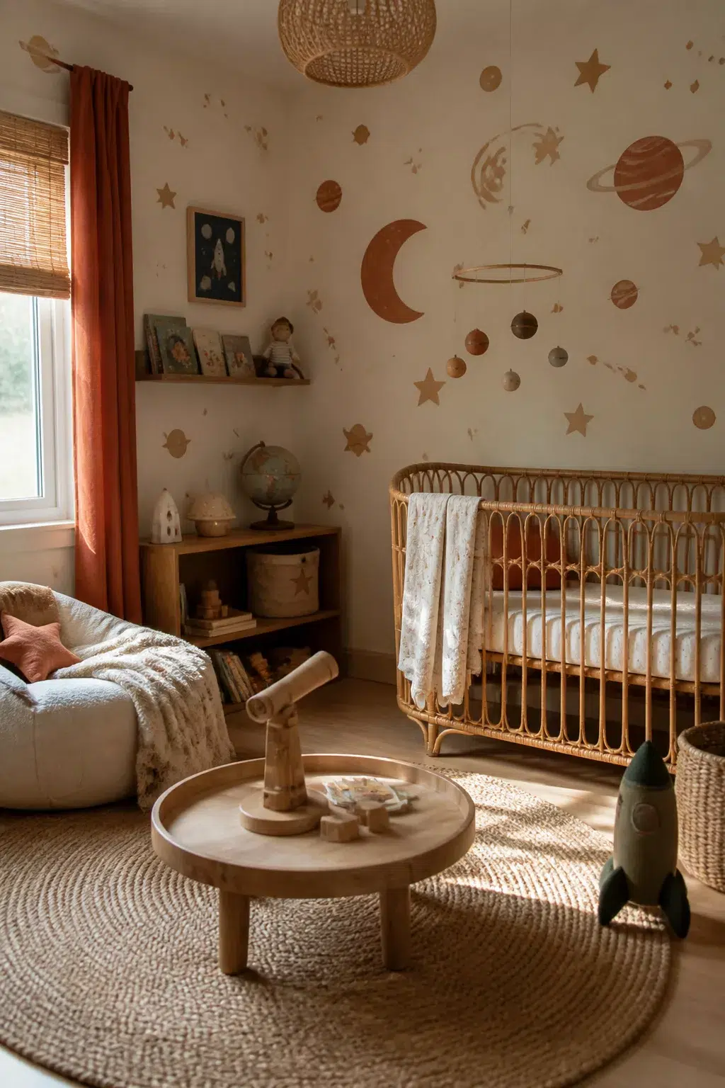 Earthy space themed nursery ideas with terracotta planet wall decals, rattan crib, and jute rug