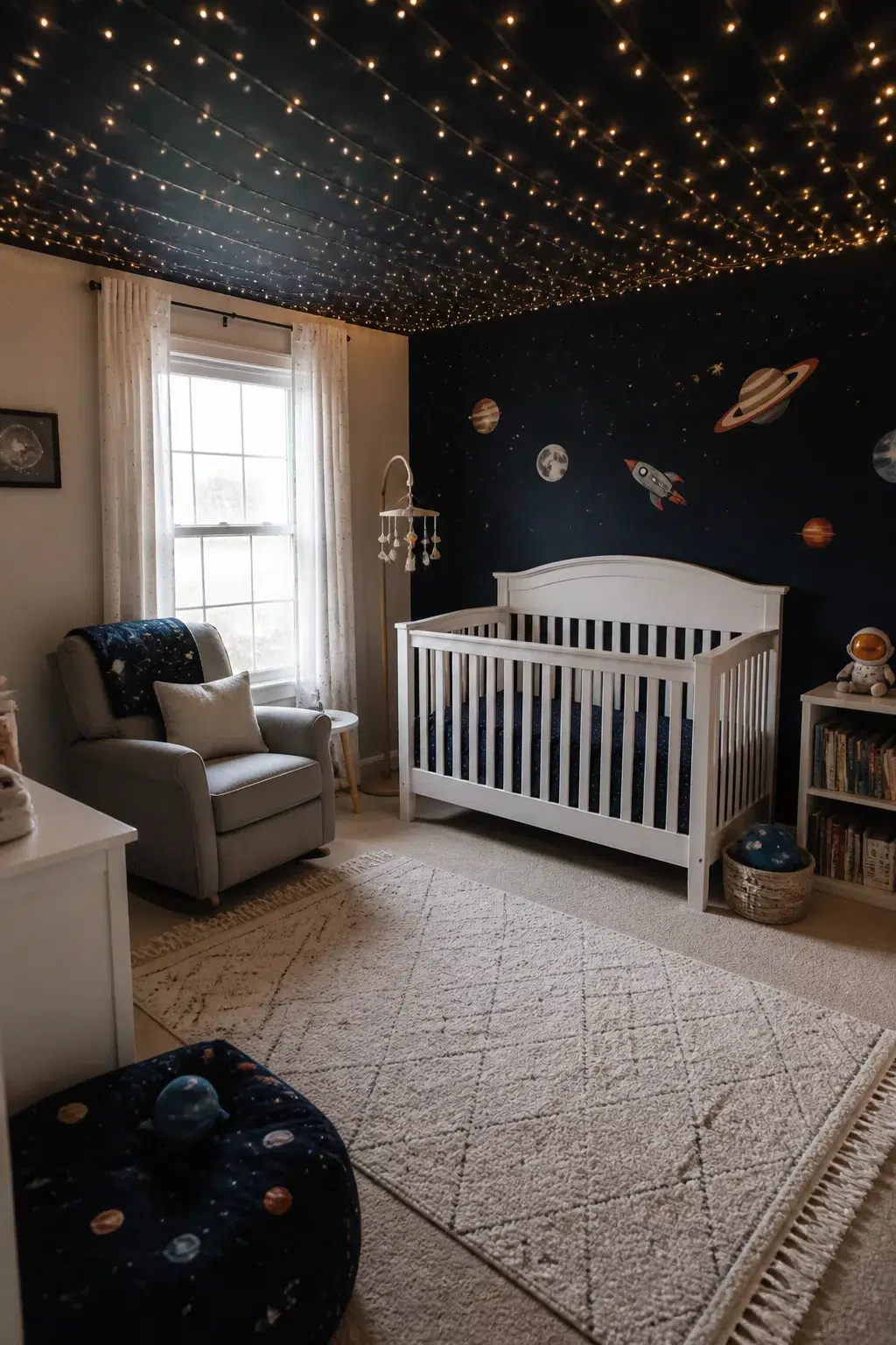 Space themed nursery ideas with fairy light star ceiling, navy planet wall decals, and white convertible crib