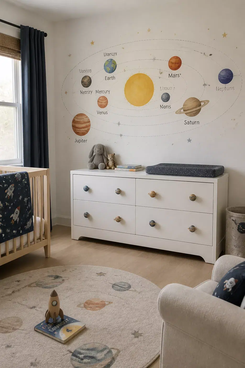 Space themed nursery ideas with solar system wall decal, labeled planets, and white dresser with planet knobs