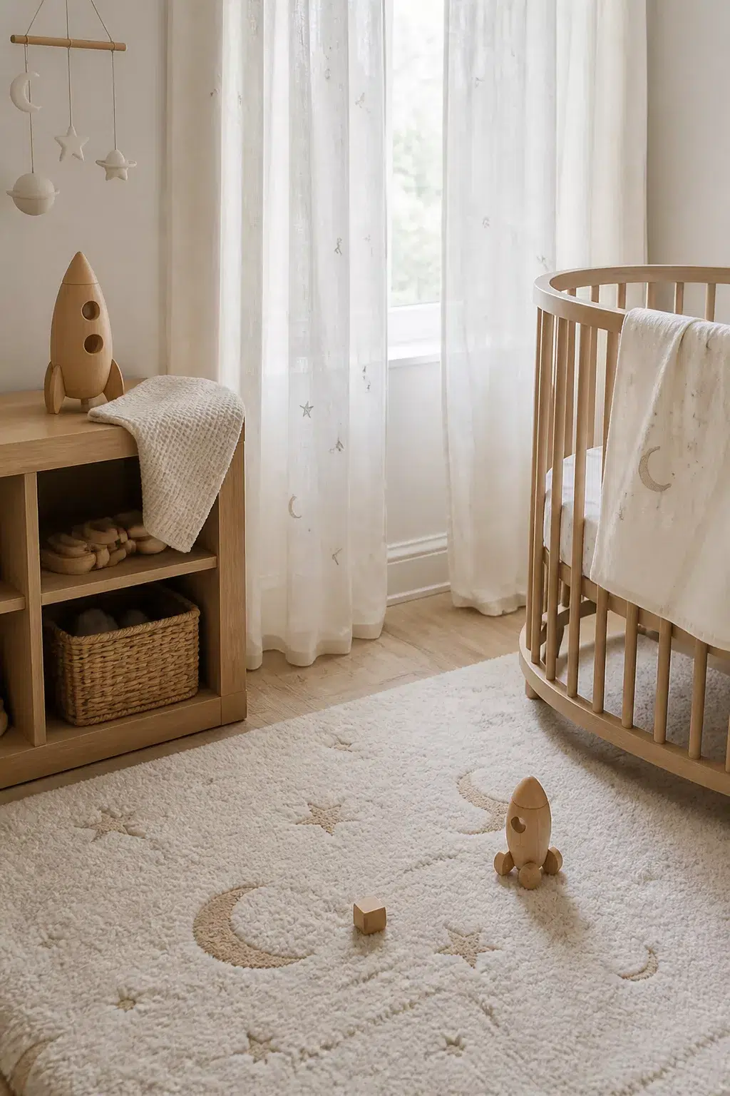 Neutral space themed nursery ideas with cream moon and star rug, round wood crib, and sheer star curtains