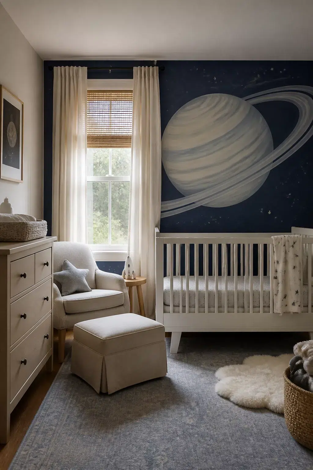 Space themed nursery ideas with oversized Saturn mural above a white crib and navy accent wall