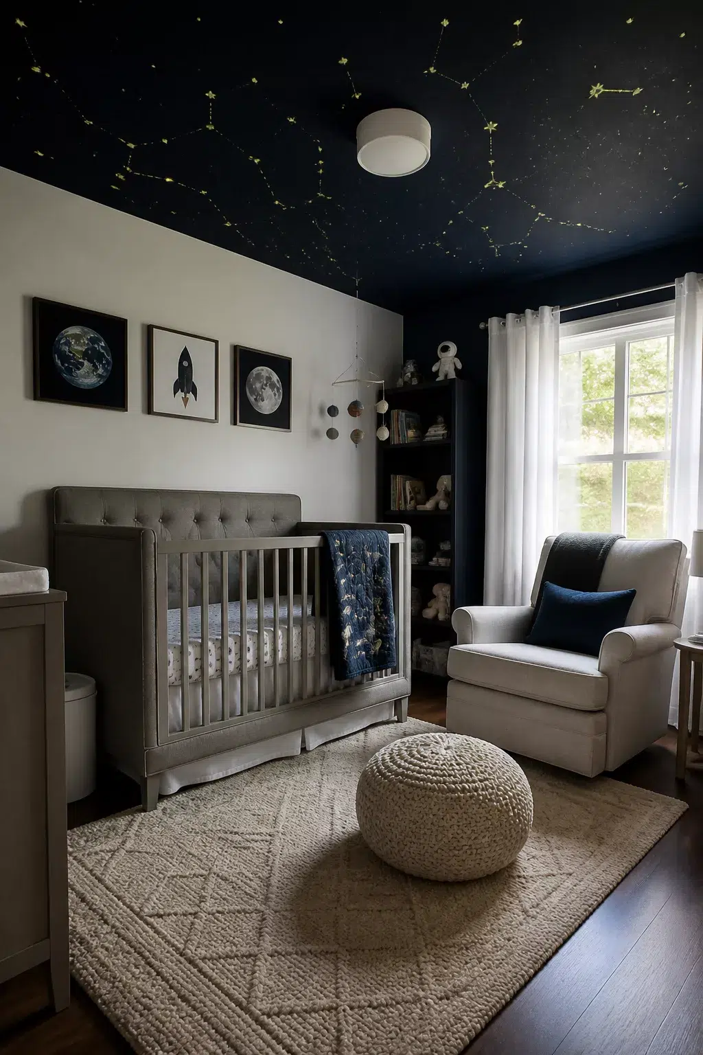 Space themed nursery ideas with constellation ceiling, gray tufted crib, and navy accents in a cozy baby room