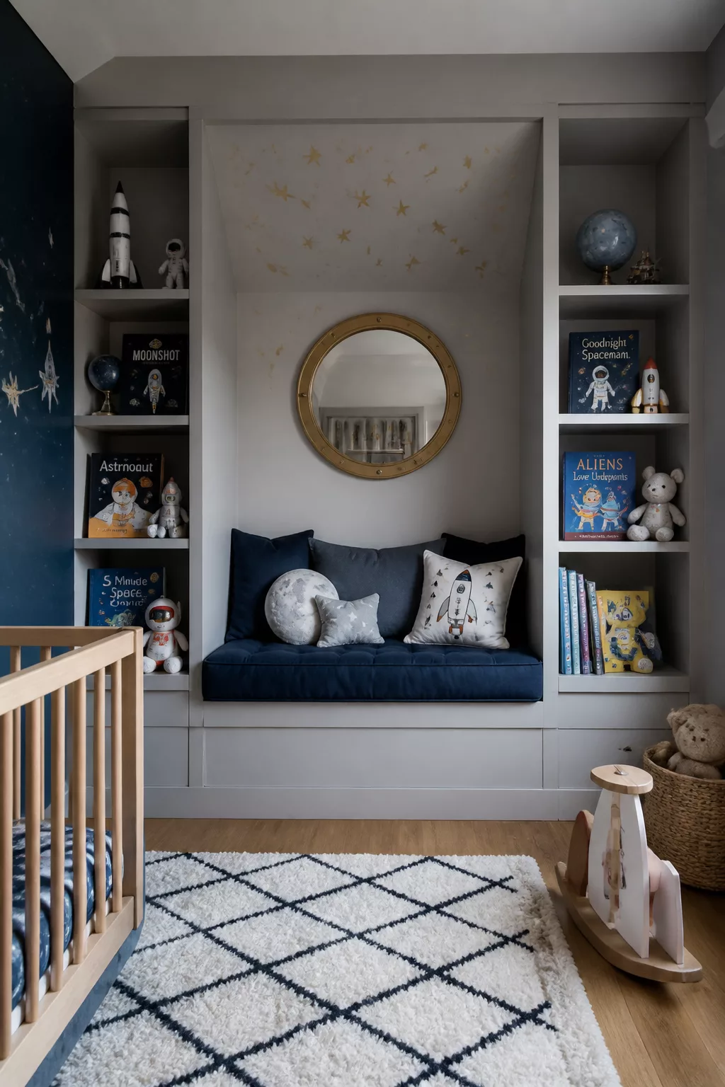 Space themed nursery ideas with built-in reading nook, navy cushion, gold star wallpaper, and space book shelves