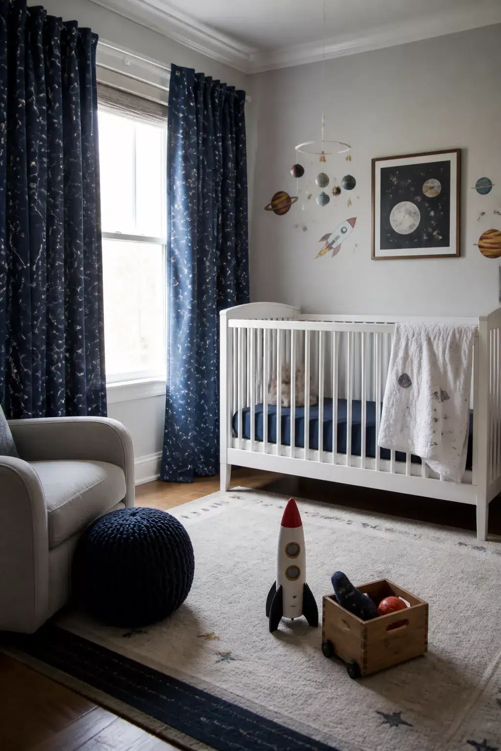 Space themed nursery ideas with navy constellation curtains, planet mobile, and white crib against gray walls.