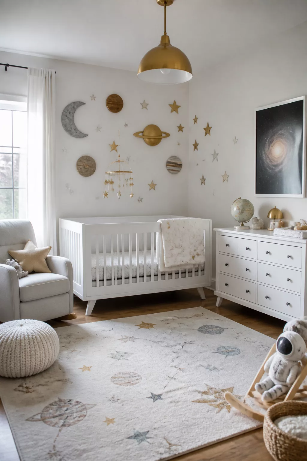Space themed nursery ideas with mixed gold and silver metallic planet wall decals, brass pendant, and celestial area rug.