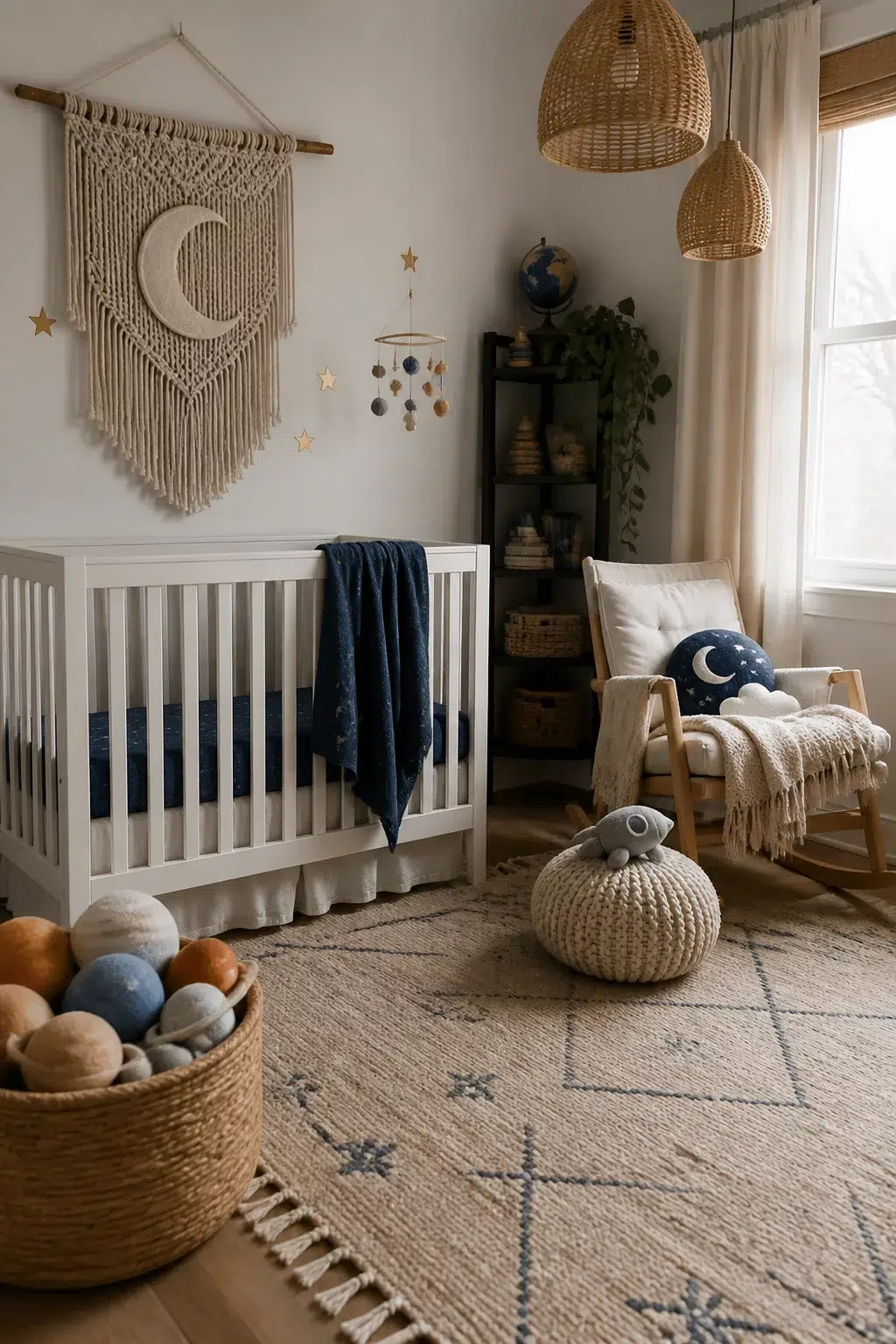 Boho space themed nursery ideas with macramé moon wall art, white crib, woven pouf, and navy celestial bedding