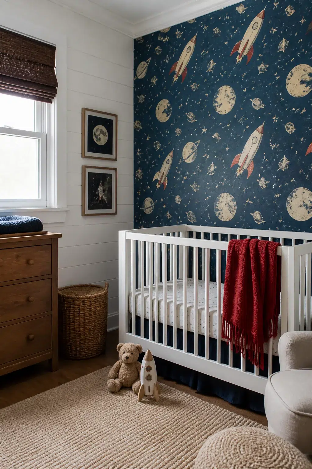 Vintage rocket ship wallpaper accent wall in a space themed nursery with white crib and red throw