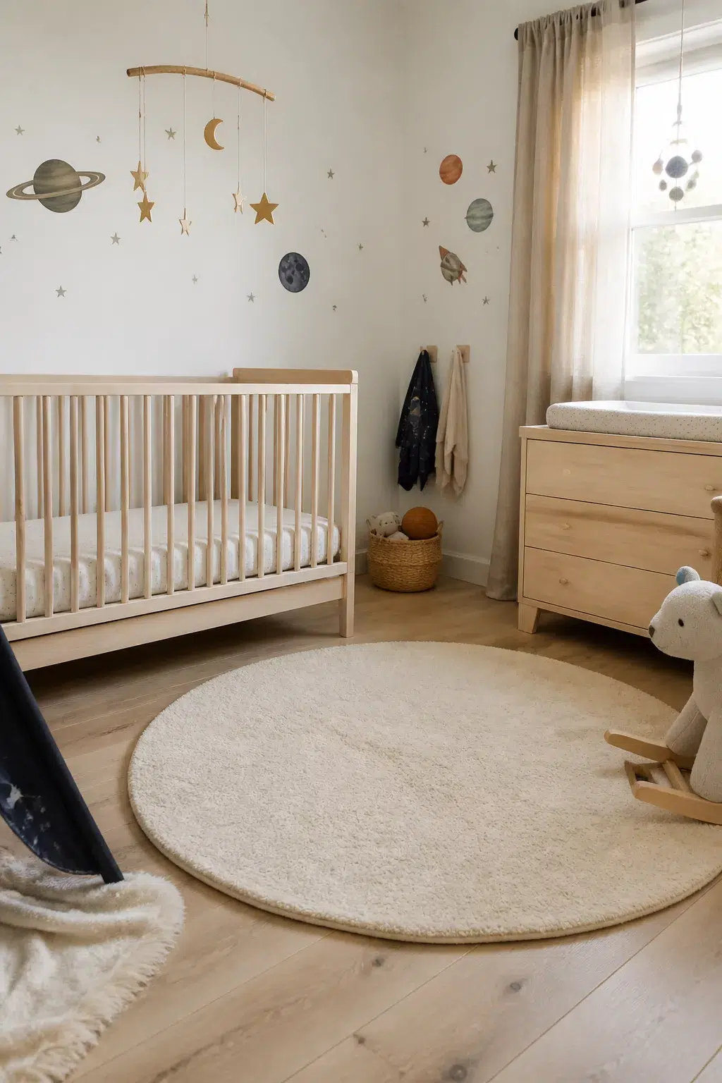 Natural wood crib with moon mobile and planet wall decals in a space themed nursery ideas for boys
