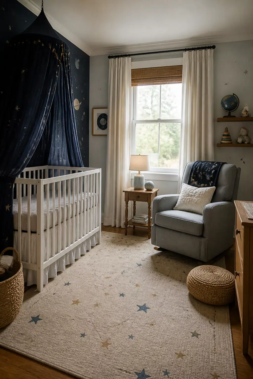 Navy celestial canopy over white crib with star rug — Space Themed Nursery Ideas for a cozy, moody baby room