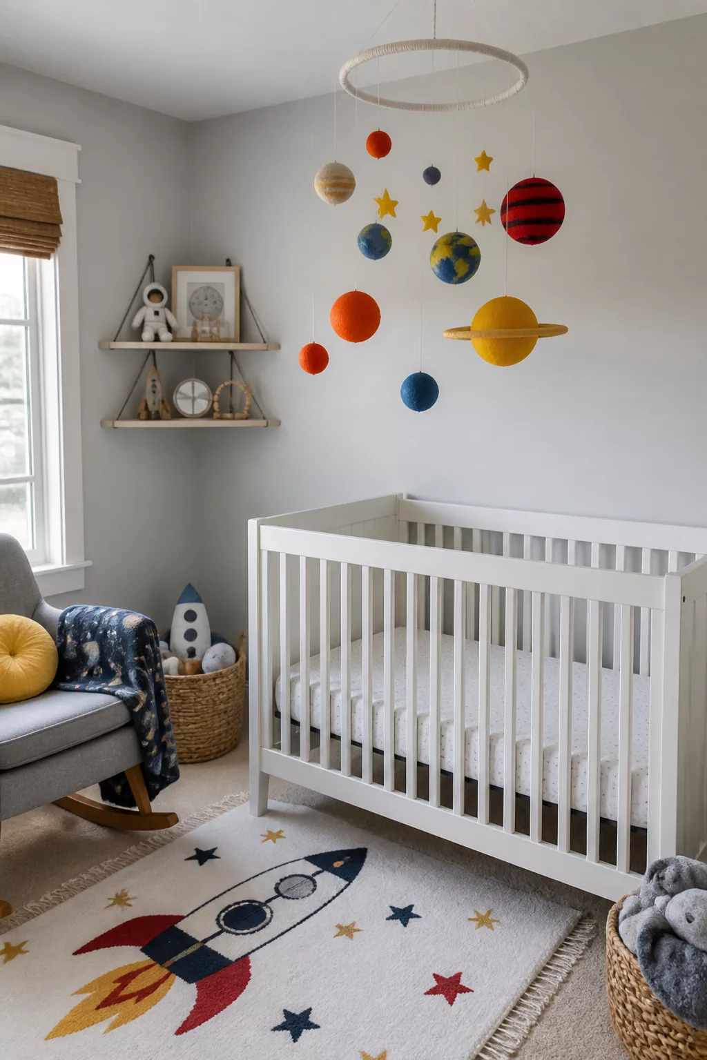 Space themed nursery ideas with felt planet mobile in bold primary colors above white crib and rocket rug