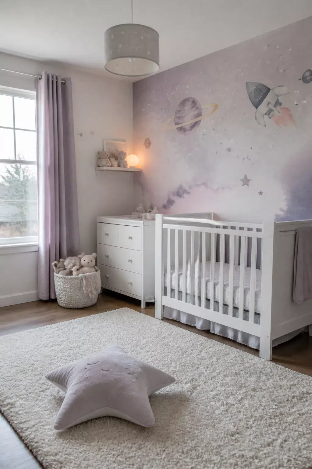 Soft pastel lavender galaxy mural nursery with white crib and star cushion — Space Themed Nursery Ideas